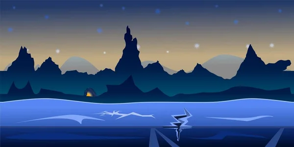 Oyun gece arka plan Vektör sorunsuz. Buz, dağlar ve tepeler, %100 vektörlü gece sahnesi. Herhangi bir boyuta yeniden boyutlandırın. Kolay renk değişikliği. 