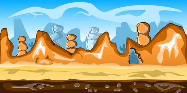 Oyun çöl arka plan Vektör sorunsuz. Kum, tepeler ve kayalar ile çöl sahnesi, 100% vektör. Herhangi bir boyuta yeniden boyutlandırın. Kolay renk değişikliği. 