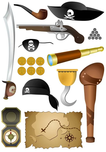 Beyaz arka planda 13 simgeden oluşan korsanlar macera seti.