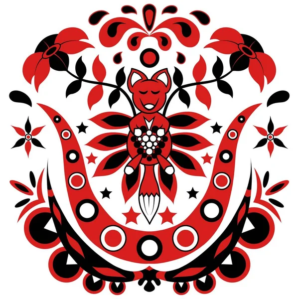 Tilki ve çiçeklerle siyah ve kırmızı çizimler