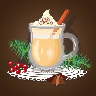 Tarçın çubuklu eggnog bardakları. Kremalı köpüklü sıcak kokteyl, çam yaprağı ve böğürtlen.