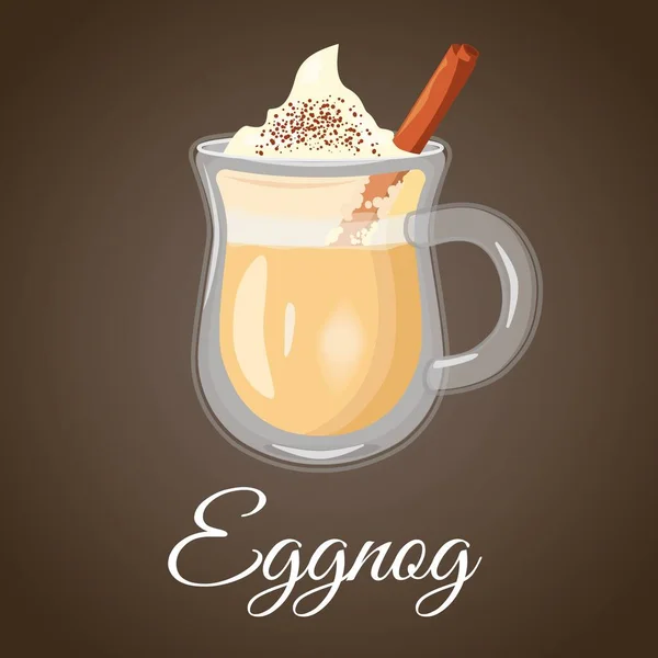 Christmas Eggnog. Cocktail quente com canela e espuma cremosa. Em fundo marrom . — Vetor de Stock