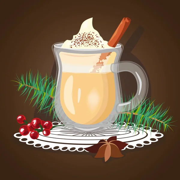 Glasses of eggnog with cinnamon sticks. Hot cocktail with creamy foam, pine leaves and berries — Stock Vector