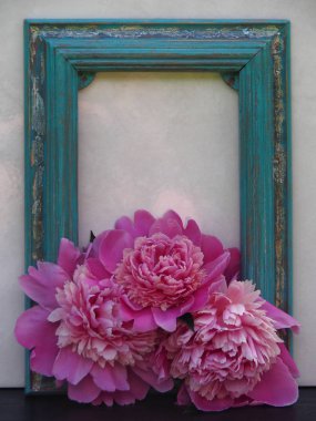 Düğün, doğum günü, Sevgililer Günü, Kadınlar Günü, mutlu anneler günü - Fotoğraf dekorasyoniçin taze şakayık çiçekler ile Olympus Dijital Fotoğraf Vintage fotoğraf çerçevesi. Şakayık çiçek romantizm ve aşkın sembolüdür. 