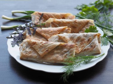 Olympus dijital kamera Fried ekmek siyah bir masada beyaz bir plaka otlar ve peynir ile dolu lavaş rulo.