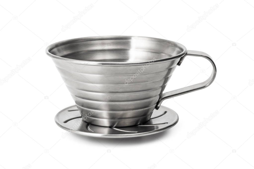 Stainless Steel Coffee cup isolated on white background. Coffee dripper cups. ( Clipping path )