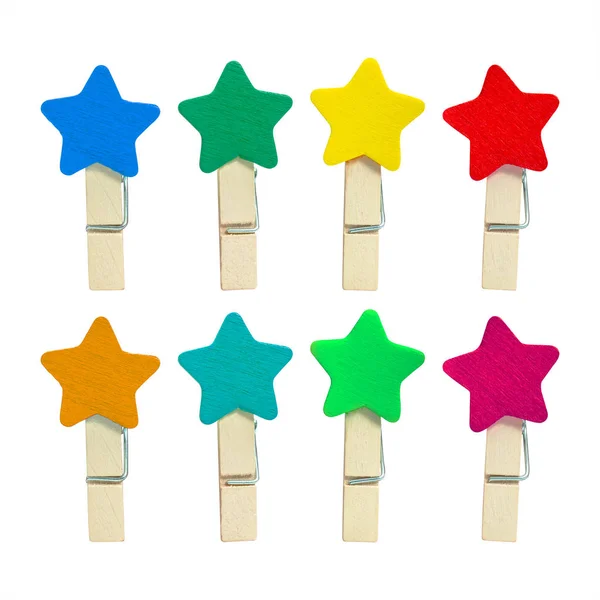 Colorful Wooden Clip Isolated White Background Colors Clips Star Shape — Stock Photo, Image