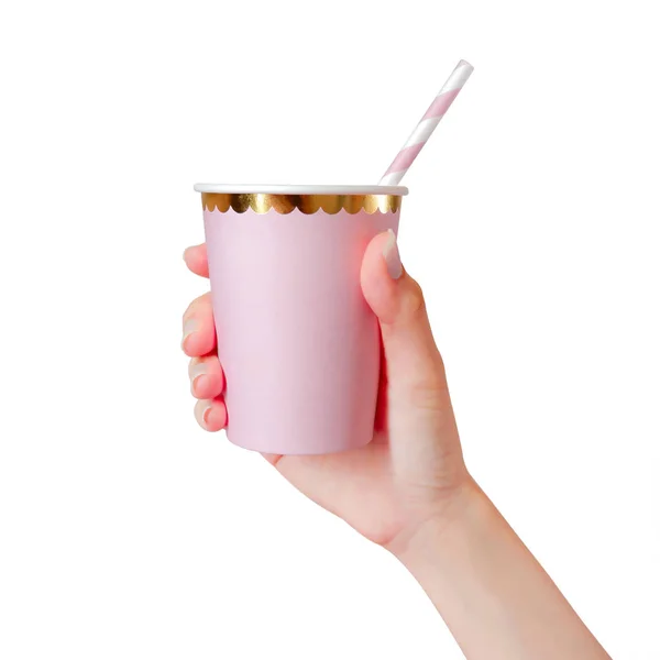 Vrouw Hand Met Roze Paper Cup Met Rietjes Geïsoleerd Witte — Stockfoto