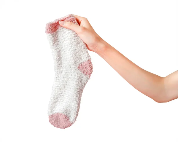 Mano Sosteniendo Calcetín Rosa Aislado Sobre Fondo Blanco Calcetines Lindos — Foto de Stock