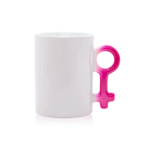 孤立した背景にピンクのマグカップ 女性サインコンセプトのカラフルなハンドルコーヒーカップ モンタージュのクリッピングパスまたはカットアウトオブジェクト — ストック写真
