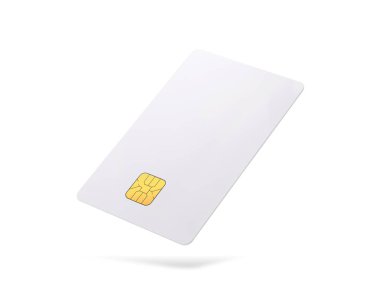 Beyaz arka planda yalıtılmış kırpma yolları yonga kartı. Tasarımınız için boş kredi kartı şablonu.