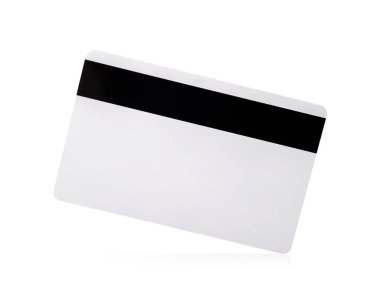 Beyaz arka planda yalıtılmış kırpma yolları yonga kartı. Tasarımınız için boş kredi kartı şablonu.