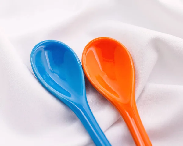 Blue Ceramics Spoon White Fabric Background Colorful Concept — Stock Photo, Image