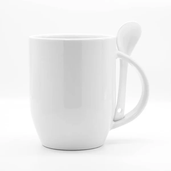 Tazza Caffè Bianco Cucchiaio Fondali Bianchi Moderni Tazza Vuota Tuo — Foto Stock