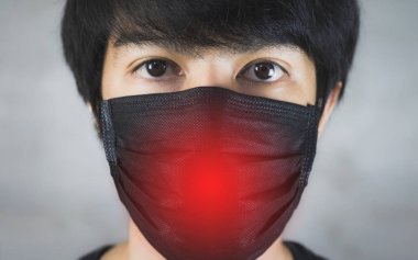 Portrait of man wearing pollution prevention or flu mask with danger. clipart
