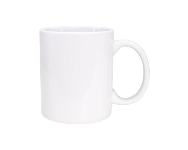 White ceramic handle mug on isolated background with clipping path. Blank drink cup for your design.