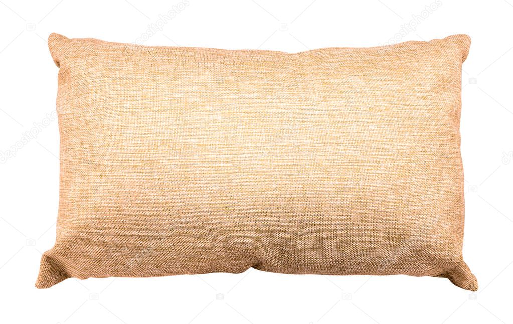 Brown pillow isolated on white background. Soft cushion made from burlap material. ( Clipping path )
