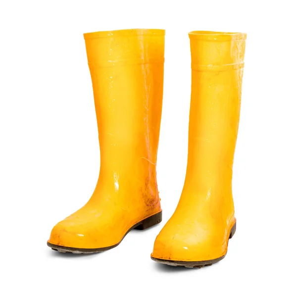 Yellow Rubber Boots Isolated White Background Wet Dirty Boots Clipping — Stock Photo, Image