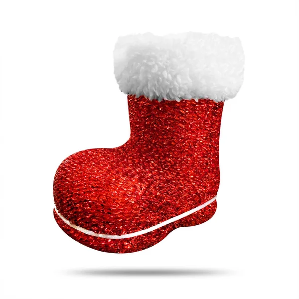 Chaussette Noël Rouge Avec Texture Brillante Isolée Sur Fond Blanc — Photo