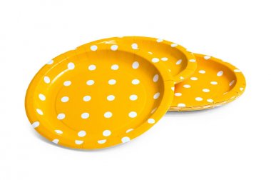 Turuncu polka nokta kağıt plaka beyaz arka plan üzerinde izole. Renkli konseptte kartondan yapılmış parti yemeği. Ön ve Arka görünüm. ( Kırpma yolu )