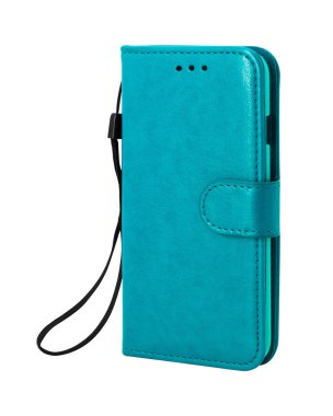 Deri cep telefonu kapağı beyaz arka plan üzerinde izole. Tasarım için halat ile Mavi telefon kılıfı. ( Kırpma yolu )