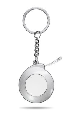 Çelik anahtarlık beyaz arka plan üzerinde izole. Ölçüm bandı konseptinde boş anahtarlık. ( Kırpma yolu )