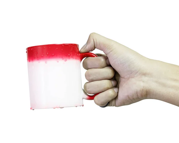 Hand Håller Röd Kaffemugg Isolerad Vit Bakgrund Ändra Färg När — Stockfoto