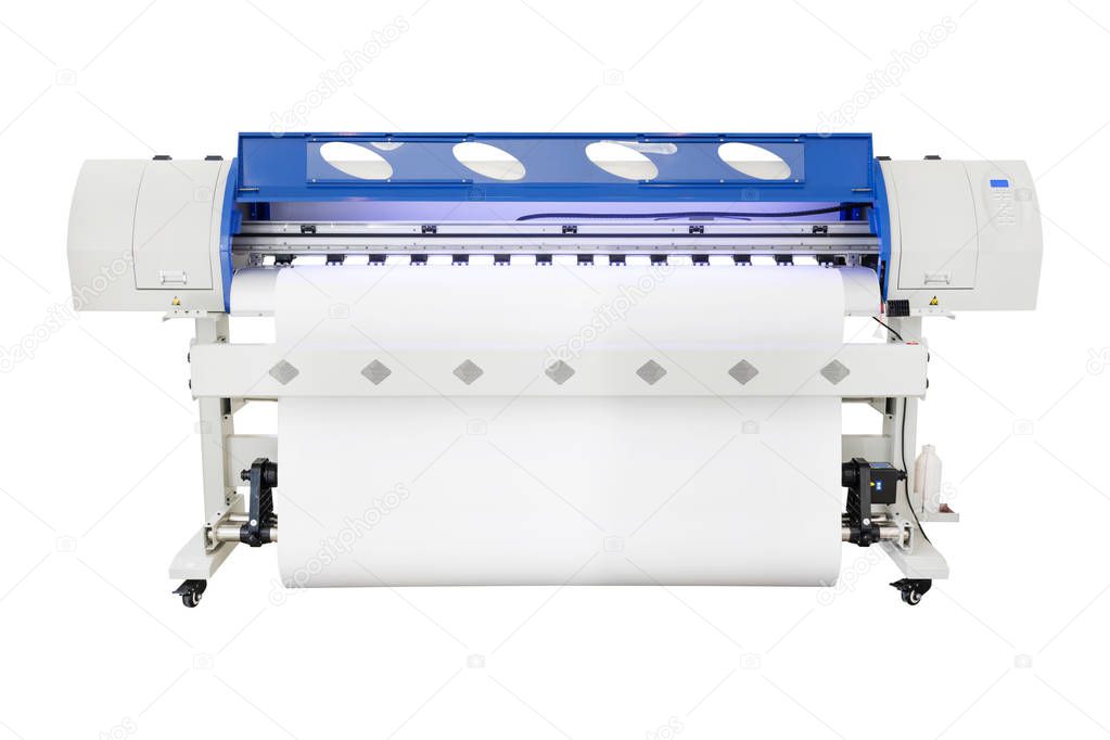 Large format ink jet printer on white background. Vinyl printout machine for use in sticker or poster billboard industry.