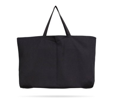 Kırpma yolu ile izole arka plan üzerinde siyah kumaş çanta. Montaj veya tasarım şablonu için alışveriş kese tekstil.