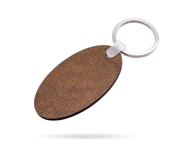 Wooden key ring isolated on white background. Key chain for your design. Clipping paths object. ( Oval shape )