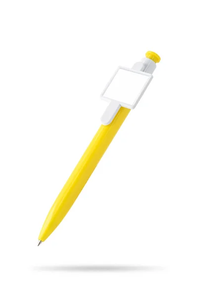 黄色钢笔和标签 白色背景隔离 你设计的圆珠笔模板 — 图库照片