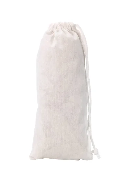 白い背景に隔離されたブランクの生地袋およびロープ あなたのデザインのためのドローストリングハンドバッグのテンプレート — ストック写真