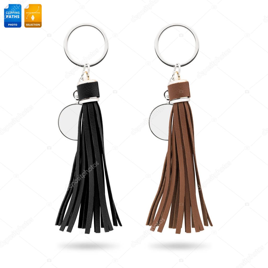Tassel key ring isolated on white background. Fashion leather key chain for decoration. Clipping paths object.