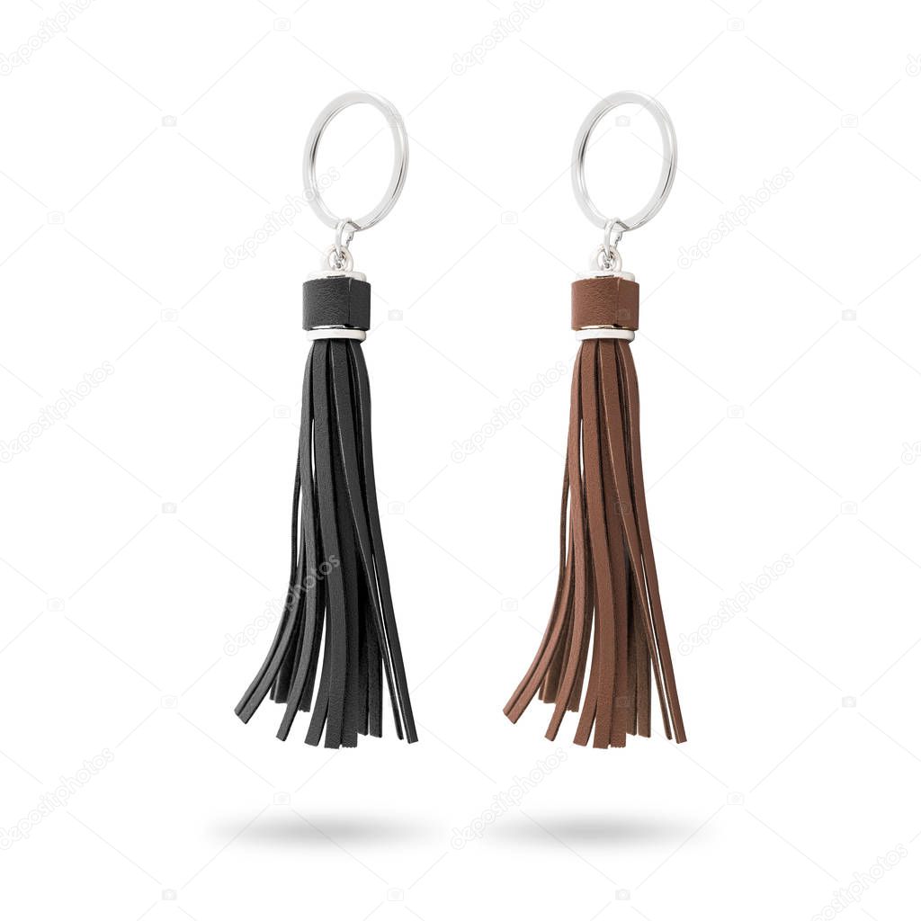 Tassel key ring isolated on white background. Fashion leather key chain for decoration. Clipping paths object.