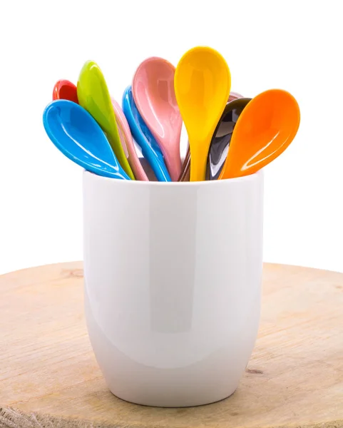 Colors Ceramics Spoon Mug Wooden Backdrops Colorful Concept — Stock Photo, Image
