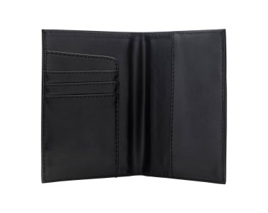 Siyah pasaport cüzdanı beyaz arka planda izole edilmiş. Tasarımınız için deri çanta şablonu.