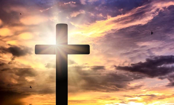 Silhouette Croix Crucifix Coucher Soleil Avec Fond Saint Clair — Photo
