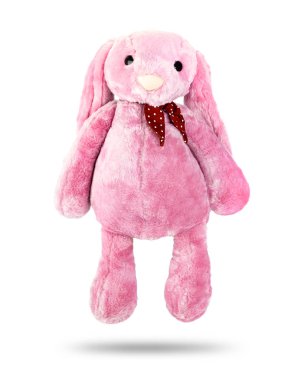 Beyaz arka plan üzerinde izole büyük kulakları ile Pembe tavşan bebek. Çocuklar için sevimli doldurulmuş hayvan ve kabarık kürk.
