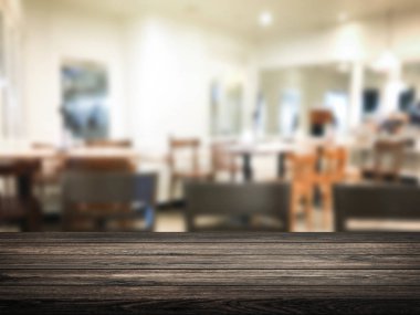 Blur restoran veya tatlılar kafe iç mağaza arka plan. Tasarım için ahşap raf arka planında.