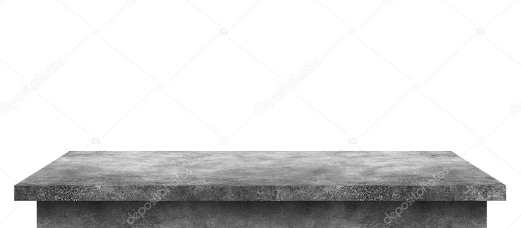 Empty cement table with stone pattern isolated on pure white background. Concrete desk and shelf display board with perspective floor. ( Clipping path )