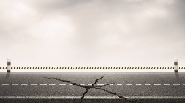 Tasarım arımları için kilometre taşları ve gökyüzü arkaplanı olan asfalt yolda kırılmış. İnşaat Konsepti.