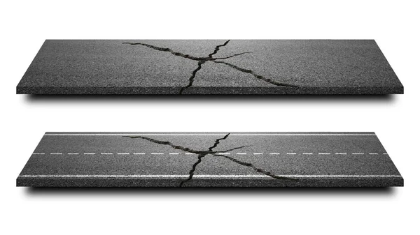 Broken Asphalt Road Isolated Pure White Background Straight Highway Cracked — ストック写真