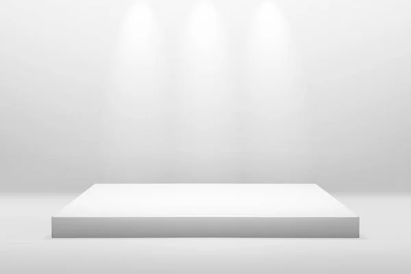 照明付きのモダンな部屋の背景に表示またはプレゼンテーションのコンセプトのための白いスタンド表彰台 空のカウンター棚と製品の背景 ストックフォト