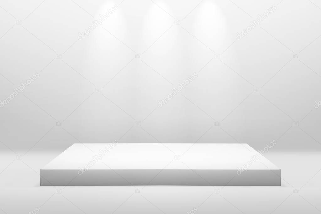 White podium stand for showing or presentation concept on modern room background with illuminate light. Empty counter shelf and product backdrops.