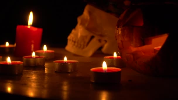 Halloween concept night pumpkin lanterns with candles — Stock Video