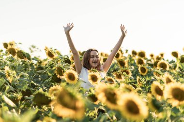 Güzel bir yaz gününde, ayçiçeği tarlasında güzel bir kadın..