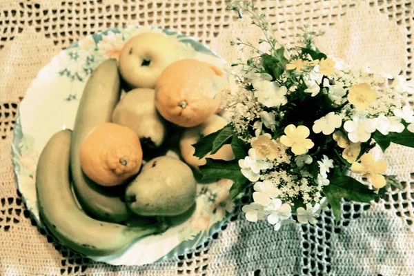 Nature Morte Été Fruits Fleurs — Photo