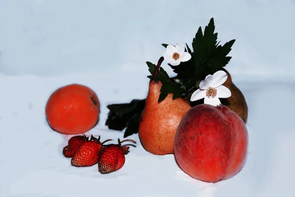 Nature Morte Fruits Fleurs Baies — Photo