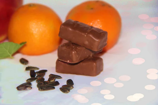 Natureza Morta Chocolates Sementes Tangerinas — Fotografia de Stock