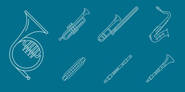 Müzik aletleri Simgeler ayarlayın - Vektör anahat sembolleri rüzgar lı enstrümanlar, saksafon, saksafon, tüp, ağız organı ve flüt site veya arayüz için